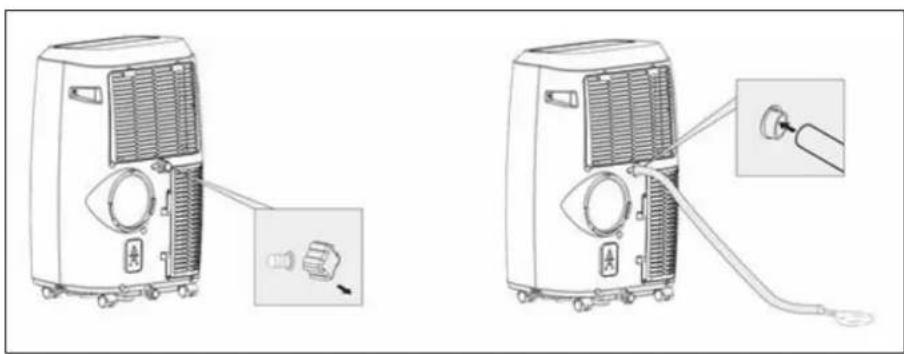 Diagram showing two different air purifiers with labeled components and a close-up of the plug inserted into one.