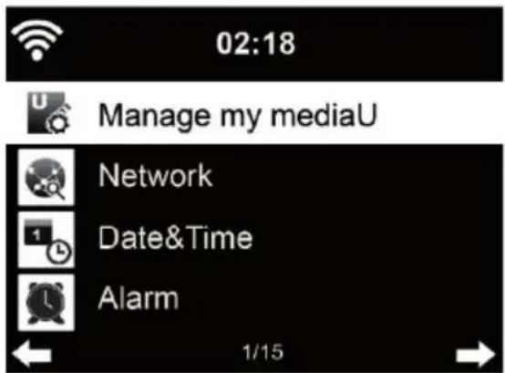02:18 Manage my mediaU Network Date&Time Alarm 1/15