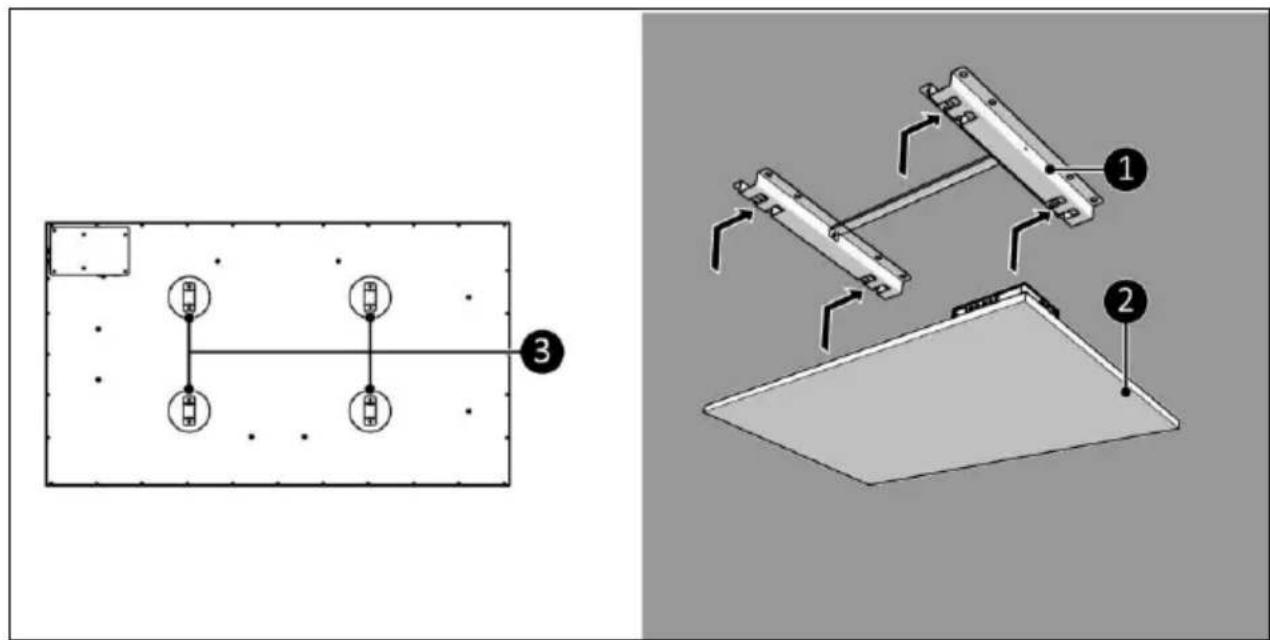 Technical diagram showing a mechanical assembly with labeled components and a schematic view of a platform setup.
