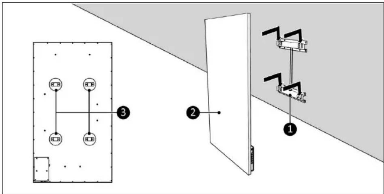 Diagram showing three labeled components: a door panel with four circular buttons, a door with two circles connected by lines, and a wall-mounted device with three switches.