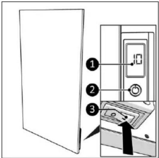 Diagram showing a door panel connected to a refrigerator with labeled buttons and a close-up of the door.