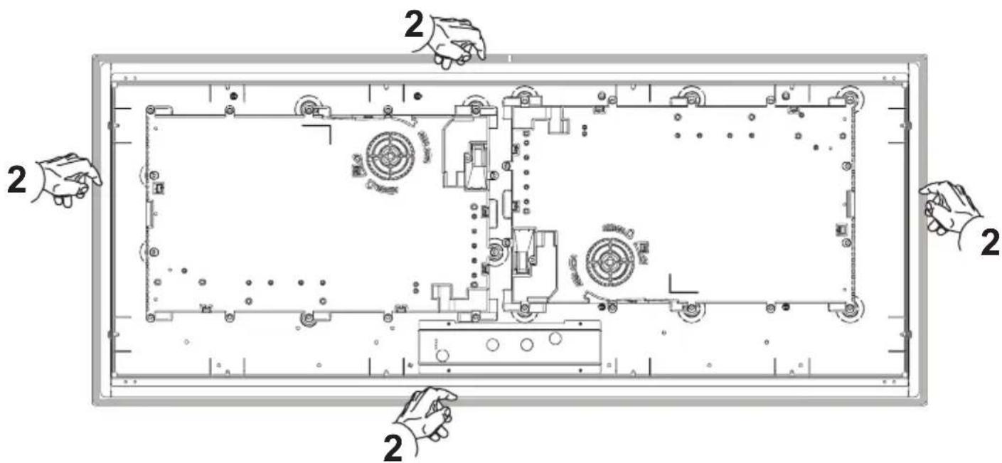 Technical diagram of a device interior with labeled components and hand gestures indicating assembly or status.