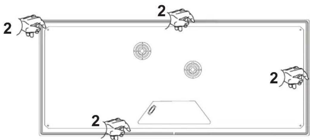 Diagram showing a tray with four labeled gloves and circular target markings, likely illustrating a game or planning setup.