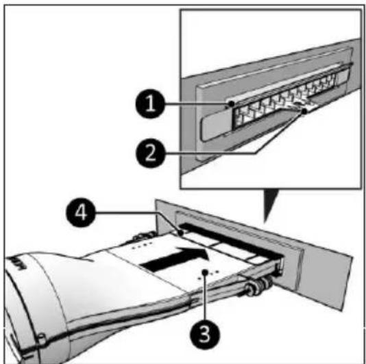 Technical diagram of a printer or printer with labeled parts and an inset showing internal structure details.