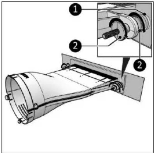 Technical diagram of a mechanical device with numbered components and an inset showing a cylindrical component being inserted.