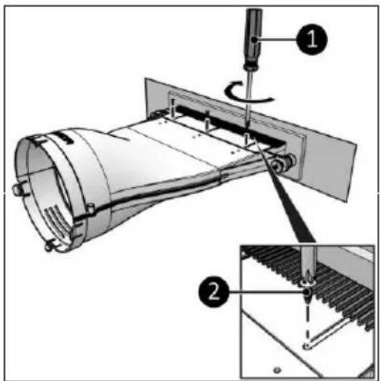Technical diagram showing mechanical assembly with labeled parts and a magnified inset view of a gear mechanism.