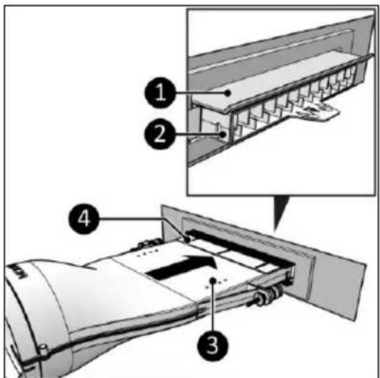 Technical diagram of a mechanical assembly with numbered components and an inset showing a cross-section of a structural component.