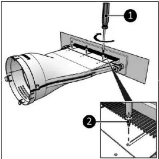 Technical diagram showing a mechanical assembly with labeled parts and a magnified inset view of a tool interacting with a component.