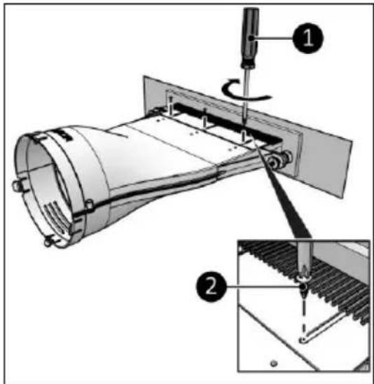 Technical diagram showing a mechanical assembly with labeled parts and an inset view of a tool interacting with a component.