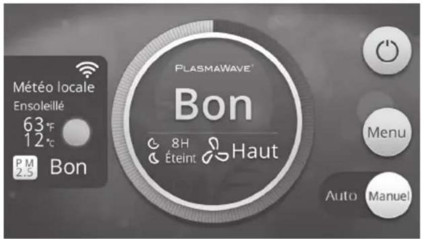 Météo locale Ensoleillé 63°F 12°C PM 2.5 Bon PLASMAWAVE® Bon 8H Éteint Haut Menu Auto Manuel
