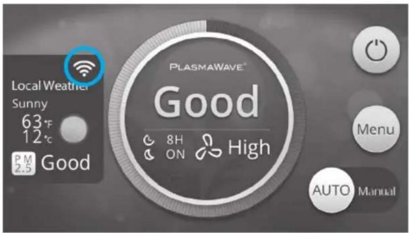 PLASMAWAVE® Good 8H High ON PM 2.5 Good Local Weather Sunny 63°F 12°C Menu AUTO Manual