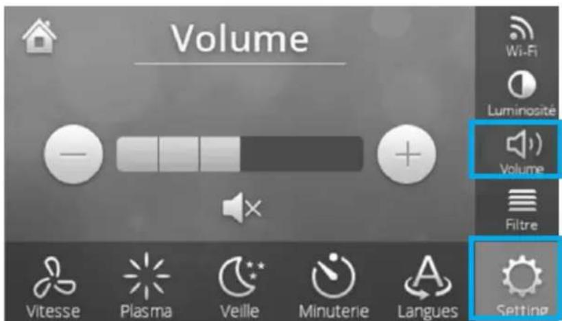 Volume Wi-Fi Luminosité Volume Filtre Vitesse Plasma Veille Minuterie Langues Setting