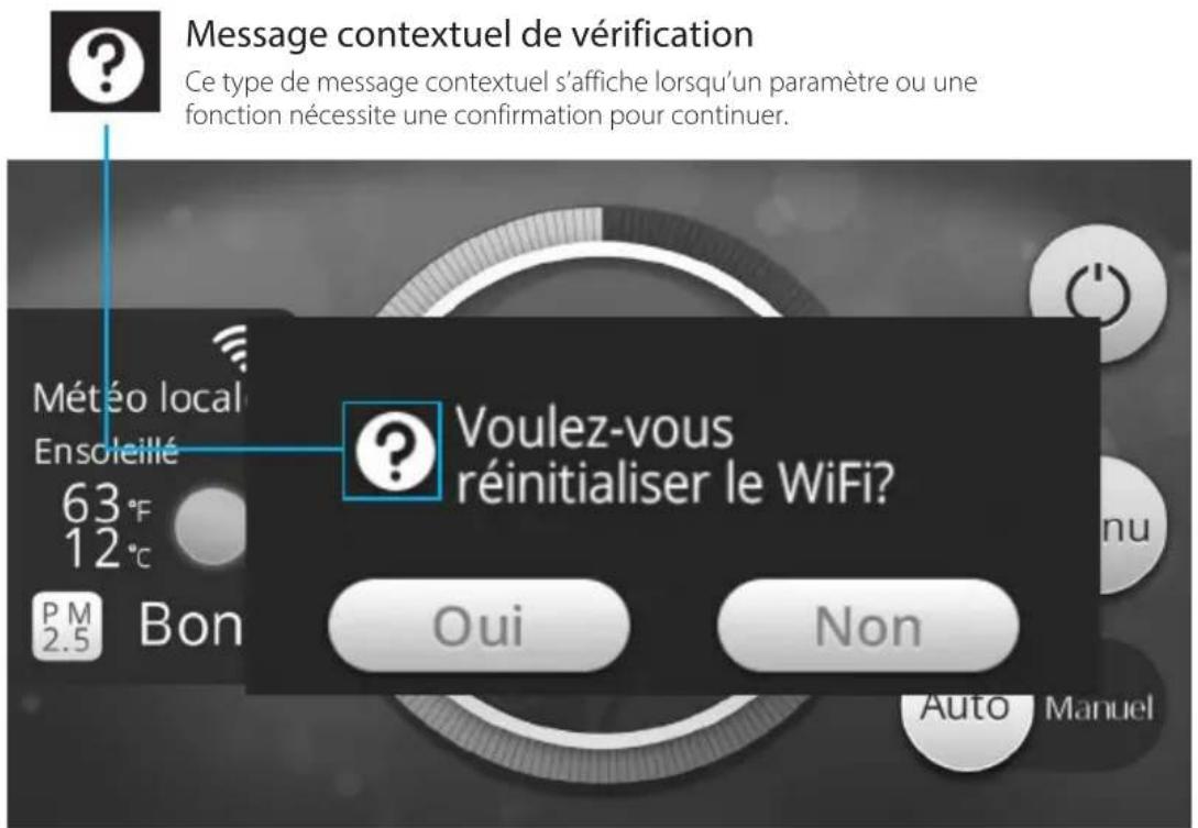 Message contextuel de vérification Ce type de message contextuel s'affiche lorsqu'un paramètre ou une fonction nécessite une confirmation pour continuer. Météo local Ensoleillé 63°F 12°C PM 2.5 Bon Voulez-vous réinitialiser le WiFi? Oui Non Auto Manuel