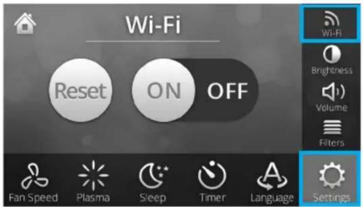 Wi-Fi Reset ON OFF Fan Speed Plasma Sleep Timer Language Brightness Volume Filters Settings