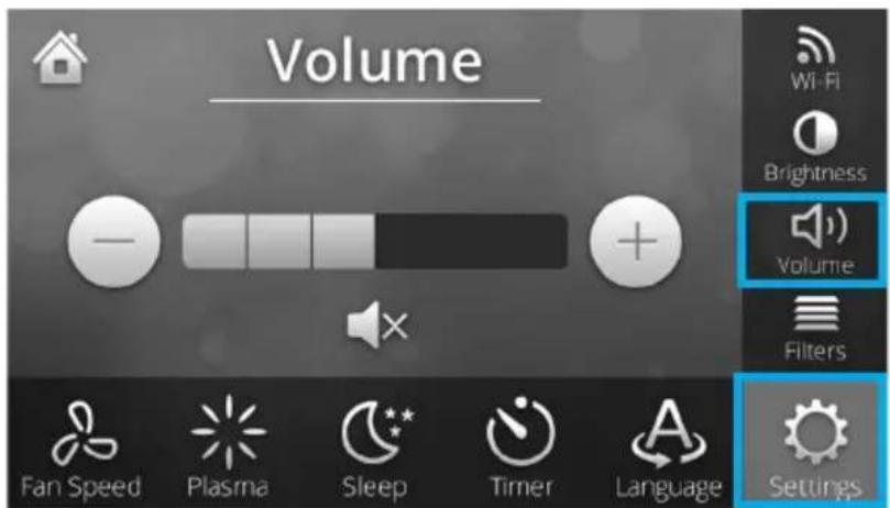 Volume Wi-Fi Brightness Volume Filters Fan Speed Plasma Sleep Timer Language Settings