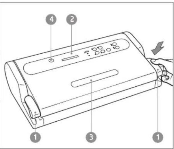 Diagram of a portable air conditioner with labeled parts including buttons, dials, and control buttons