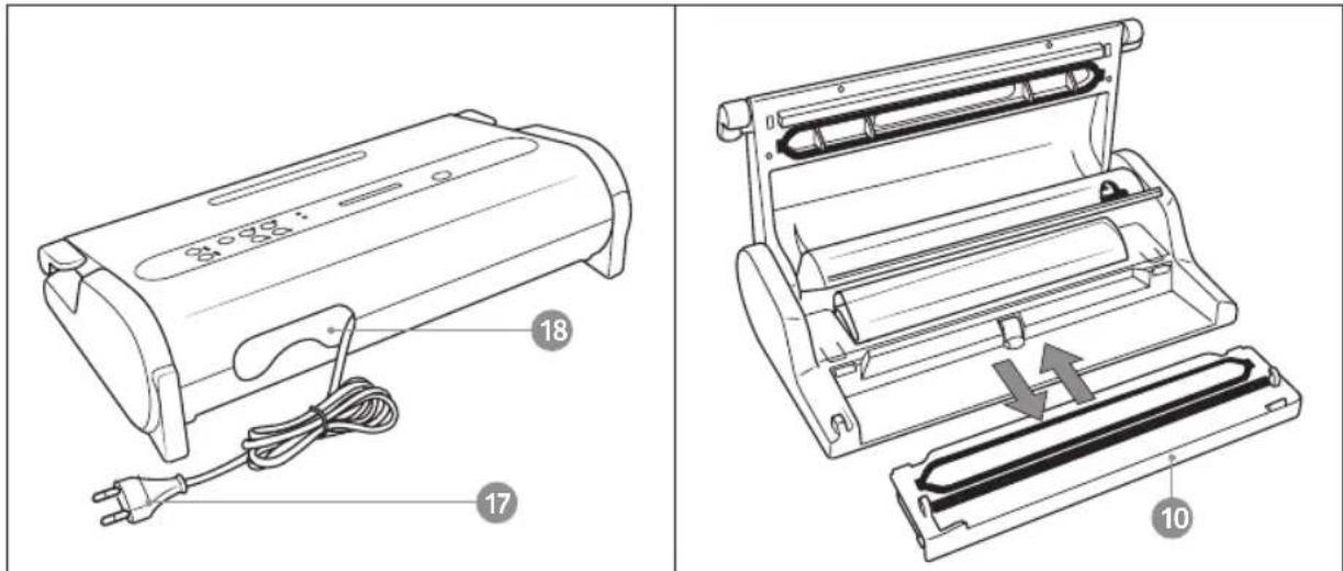 Technical diagram showing two views of a portable device with labeled parts and internal components