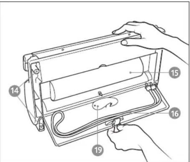 Technical diagram of a mechanical device with numbered parts labeled 14, 15, 16, and 19 indicating different components.