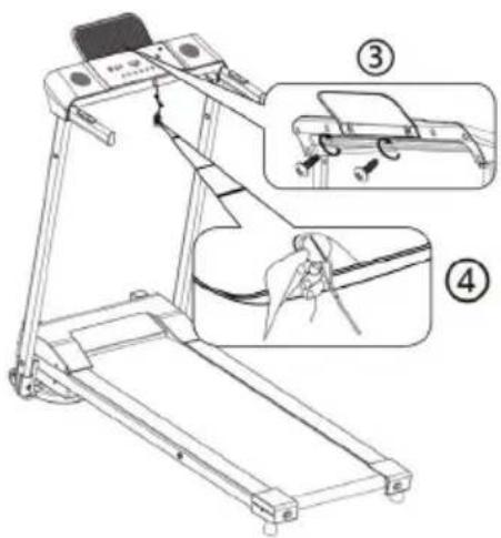 Technical diagram of a treadmill with labeled parts and instructional arrows indicating steps ③ and ④.