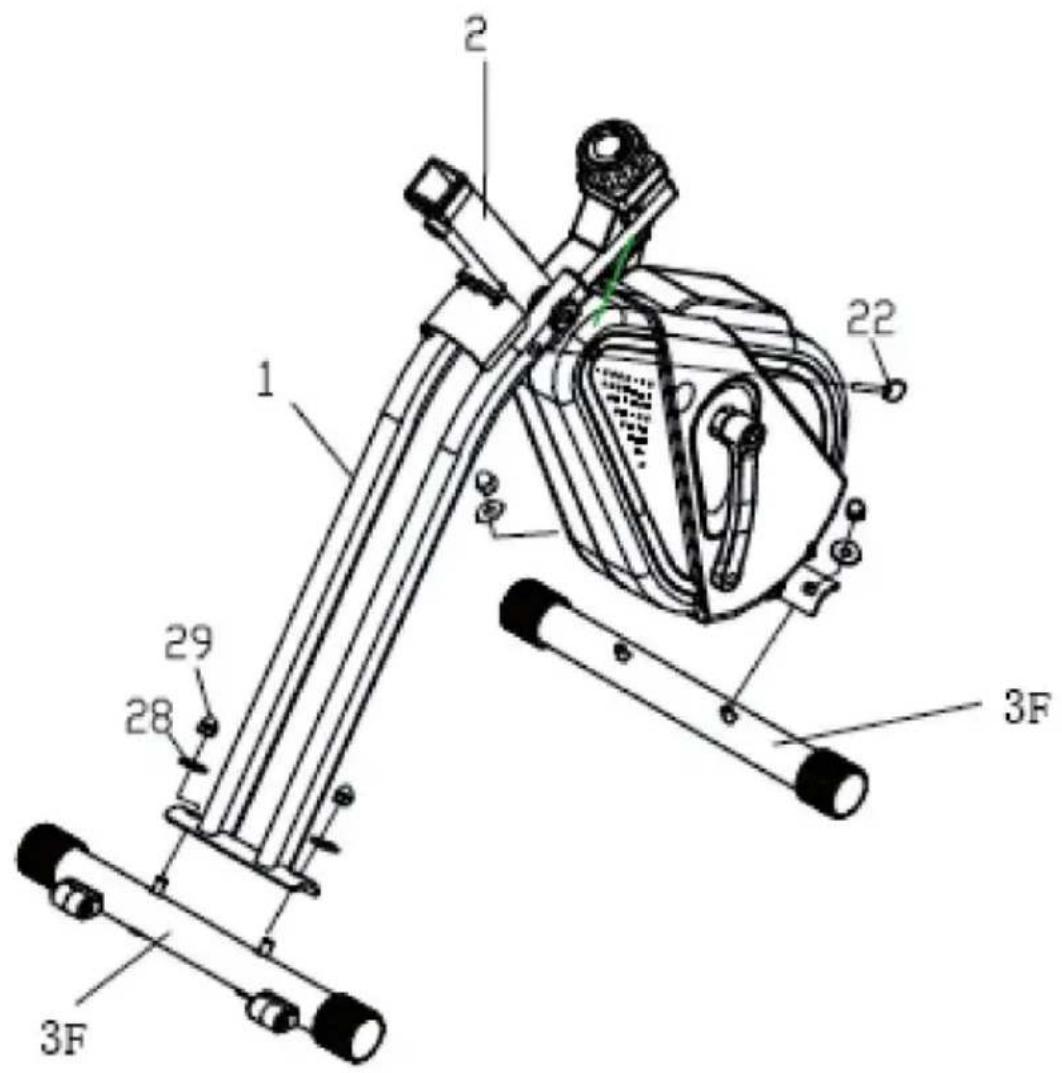 Technical diagram of a stationary exercise machine with labeled parts and exploded view