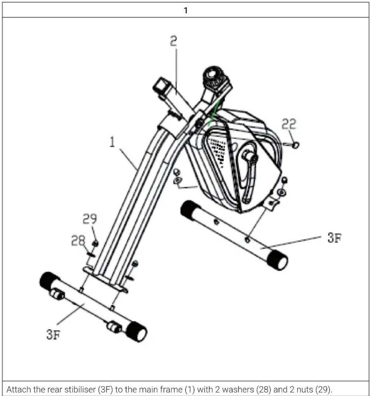 1 2 1 22 3F 29 28 3F Attach the rear stabiliser (3F) to the main frame (1) with 2 washers (28) and 2 nuts (29).
