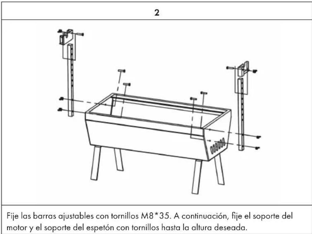2 Fije las barras ajustables con tornillos M8*35. A continuación, fije el soporte del motor y el soporte del espetón con tornillos hasta la altura deseada.