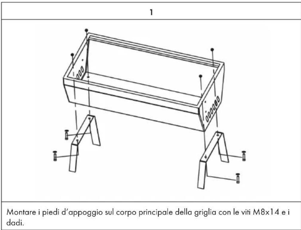 1 Montare i piedi d'appoggio sul corpo principale della griglia con le viti M8x14 e i dadi.