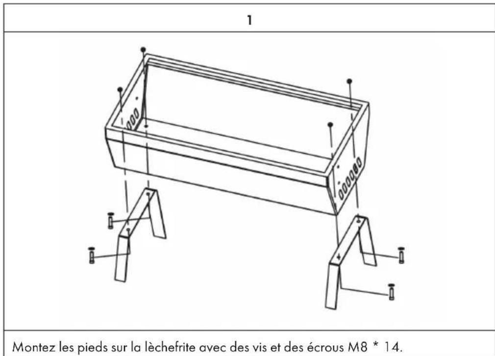 1 Montez les pieds sur la lèchefrite avec des vis et des écrous M8 * 14.
