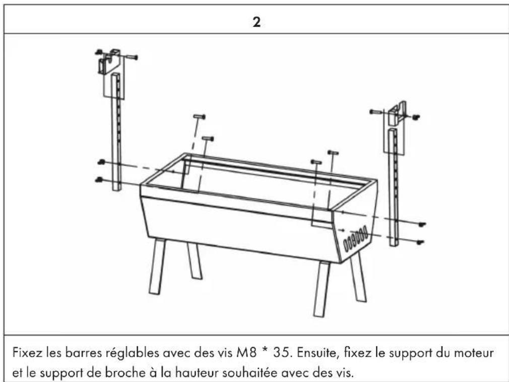 2 Fixez les barres réglables avec des vis M8 * 35. Ensuite, fixez le support du moteur et le support de broche à la hauteur souhaitée avec des vis.