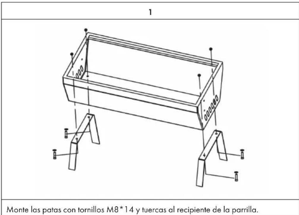 1 Monte las patas con tornillos M8*14 y tuercas al recipiente de la parrilla.