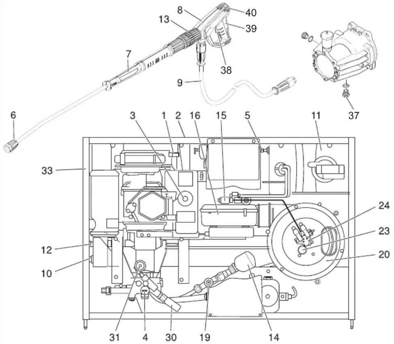 Technical diagram of a mechanical device with numbered components and exploded view