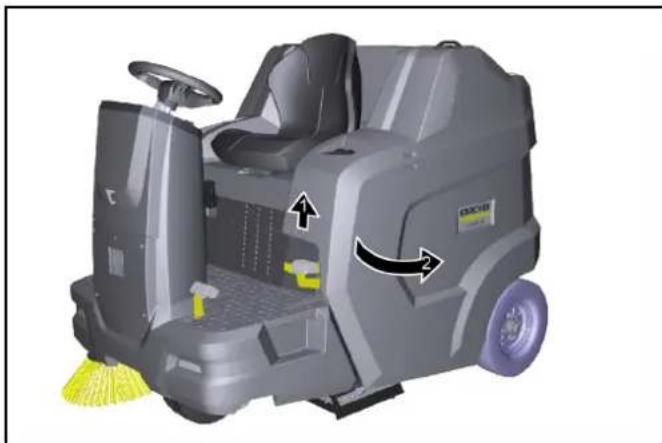 Kärcher KM 100120 R G - Moottorisuojuksen avaaminen/sulkeminen - 1