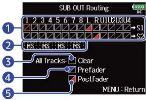 ZOOM F8n Pro - Avec ⏻, sélectionnez la piste à envoyer en sortie SUB OUT 1 ou SUB OUT 2, et pressez ⬇. - 1
