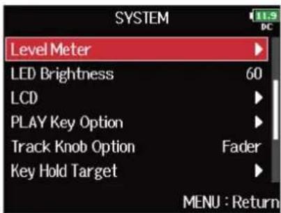 ZOOM F8n Pro - Avec , sélectionnez « Level Meter » (indicateur de niveau), et pressez . - 2