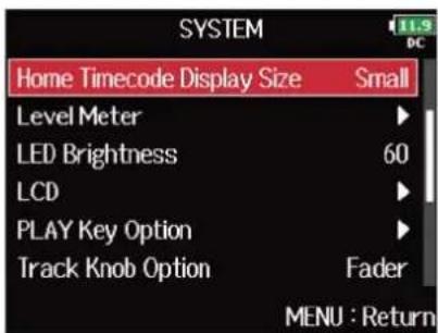 ZOOM F8n Pro - Avec ⏻, sélectionnez « Home Timecode Display Size » (taille du TC en écran d'accueil), et pressez - 1