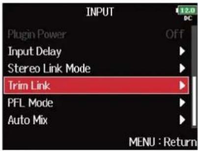 ZOOM F8n Pro - Avec ⬤, sélectionnez « Trim Link » (groupage des niveaux d'entrée), et pressez ⬤. - 1
