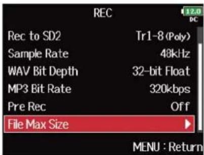 ZOOM F8n Pro - Avec, sélectionnez « File Max Size » (taille maximale de fichier), et pressez . - 2