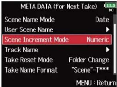 ZOOM F8n Pro - Avec ⬤, sélectionnez « Scene Increment Mode » (mode d'incrémentation des scènes), et pressez ⬤. - 1