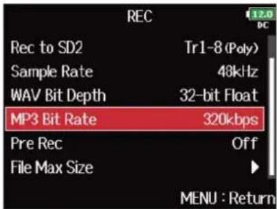 ZOOM F8n Pro - Avec, sélectionnez « MP3 Bit Rate » (débit binaire des fichiers MP3), et pressez . - 2