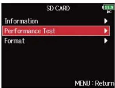 ZOOM F8n Pro - Avec, sélectionnez « Performance Test » (test de performances), et pressez . - 2