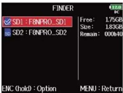 ZOOM F8n Pro - Avec ⏻, sélectionnez le dossier ou la carte SD pour lequel vous souhaitez créer un rapport audio, puis pressez et maintenez - 1