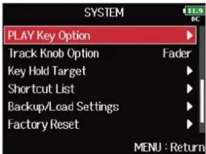 ZOOM F8n Pro - Avec ⬤, sélectionnez « PLAY Key Option » (options de touche de lecture), et pressez ⬤. - 1