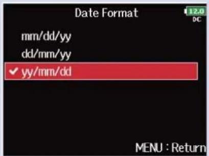 ZOOM F8n Pro - Réglage du format de date : - 3