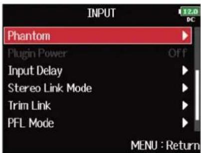 ZOOM F8n Pro - Avec, sélectionnez « Phantom » (alimentation fantôme), et pressez. - 2