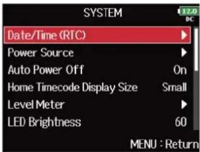 ZOOM F8n Pro - Avec ⬤, sélectionnez « Date/Time (RTC) » (date/heure pour l'horloge en temps réel), et pressez - 1