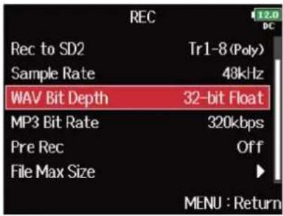 ZOOM F8n Pro - Avec ⏻, sélectionnez « WAV Bit Depth » (résolution en bits des fichiers WAV), et pressez ⏻. - 1