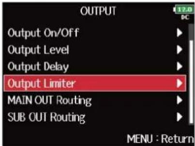 ZOOM F8n Pro - Avec , sélectionnez « Output Limiter » (limiteur de sortie), et pressez . - 2