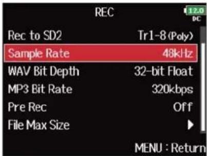 ZOOM F8n Pro - Avec ⬤, sélectionnez « Sample Rate » (fréquence d'échantillonnage), et pressez ⬤. - 1
