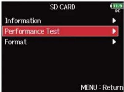 ZOOM F8n Pro - Avec, sélectionnez « Performance Test » (test de performances), et pressez . - 2