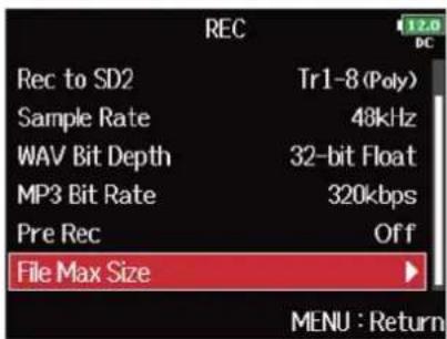 ZOOM F8n Pro - Avec, sélectionnez « File Max Size » (taille maximale de fichier), et pressez . - 2